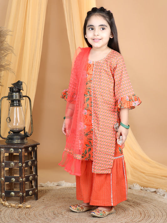 Orange Printed Asymmetrical Hem Kurta With Gota Lace Embellished Sharara & Dupatta
