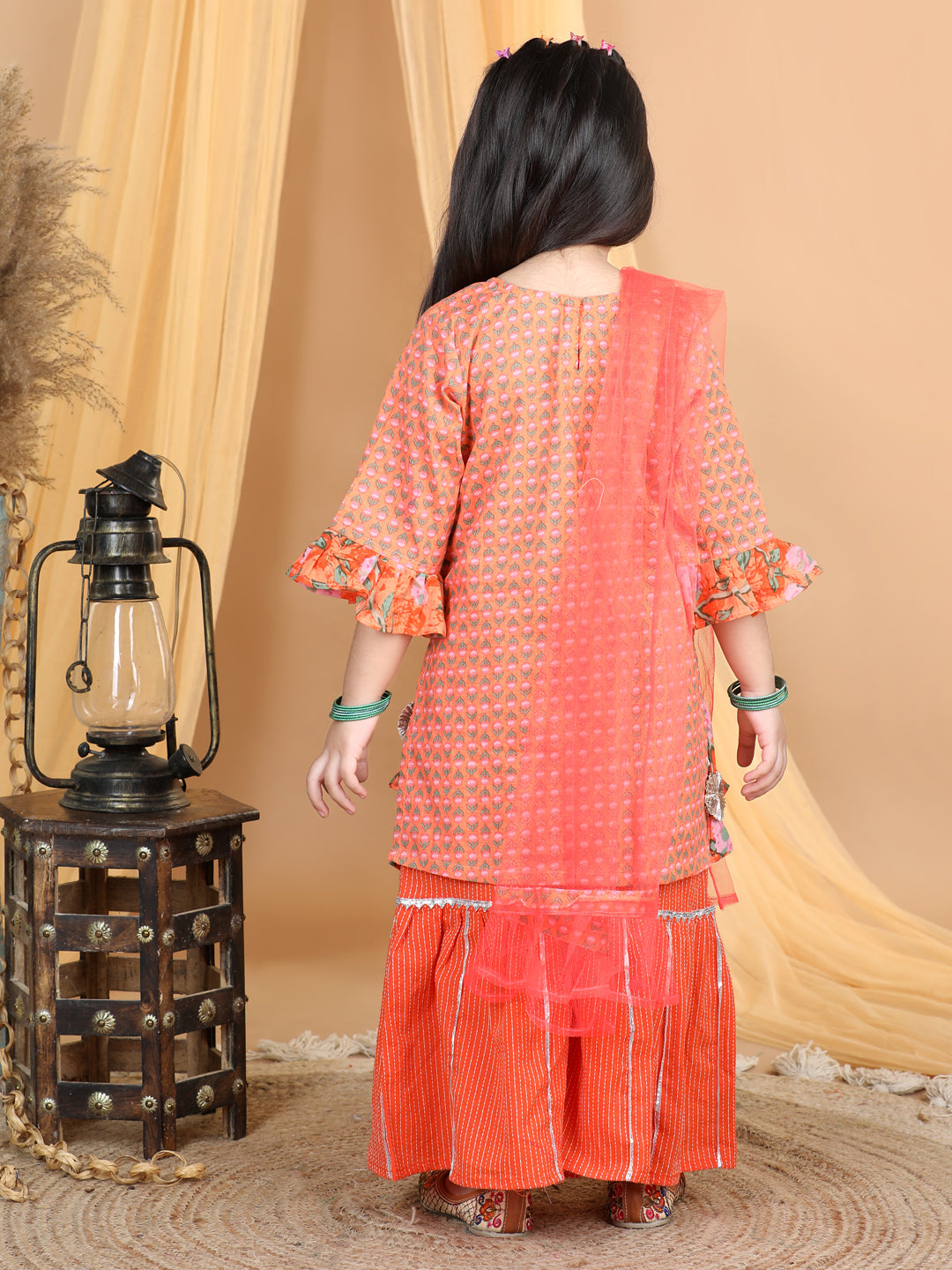 Orange Printed Asymmetrical Hem Kurta With Gota Lace Embellished Sharara & Dupatta