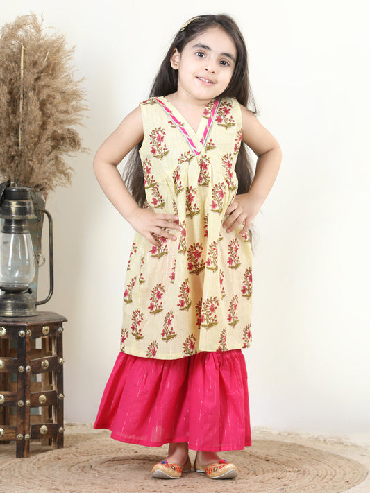 Yellow Cotton Lurex Print Kurti with Lace Detailing & Solid Colour Sharara