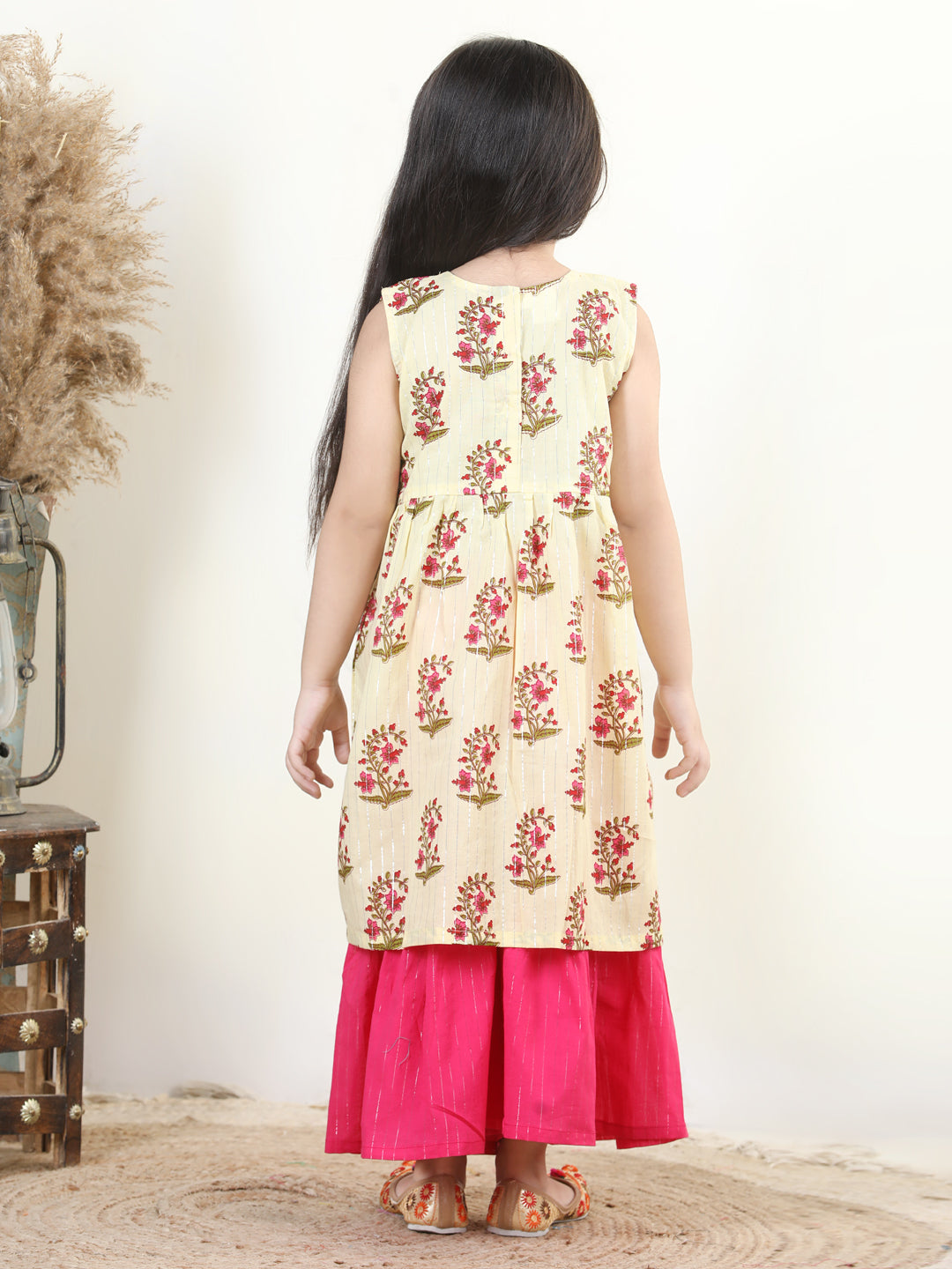 Yellow Cotton Lurex Print Kurti with Lace Detailing & Solid Colour Sharara