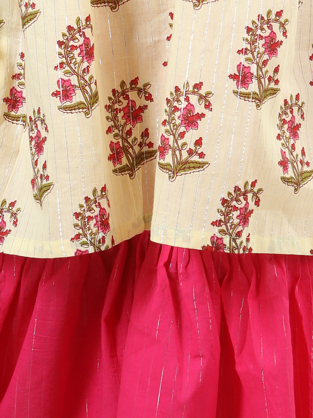Yellow Cotton Lurex Print Kurti with Lace Detailing & Solid Colour Sharara