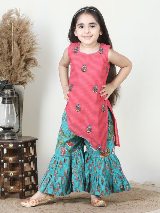 Peach Embroidered Katha Kurta & Floral Print Flared Sharara