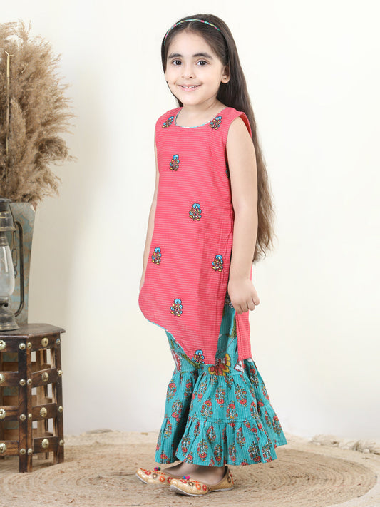 Peach Embroidered Katha Kurta & Floral Print Flared Sharara