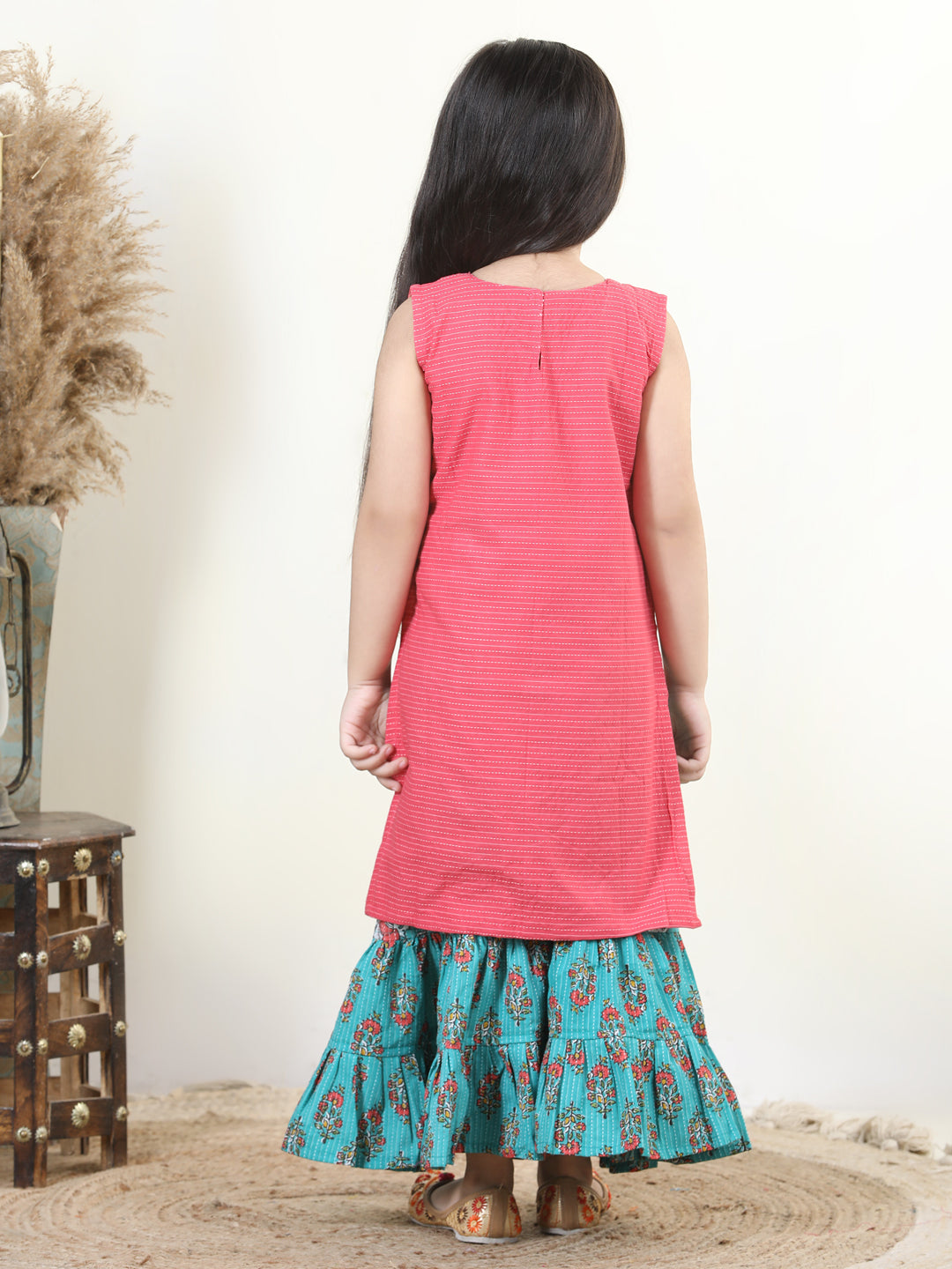 Peach Embroidered Katha Kurta & Floral Print Flared Sharara