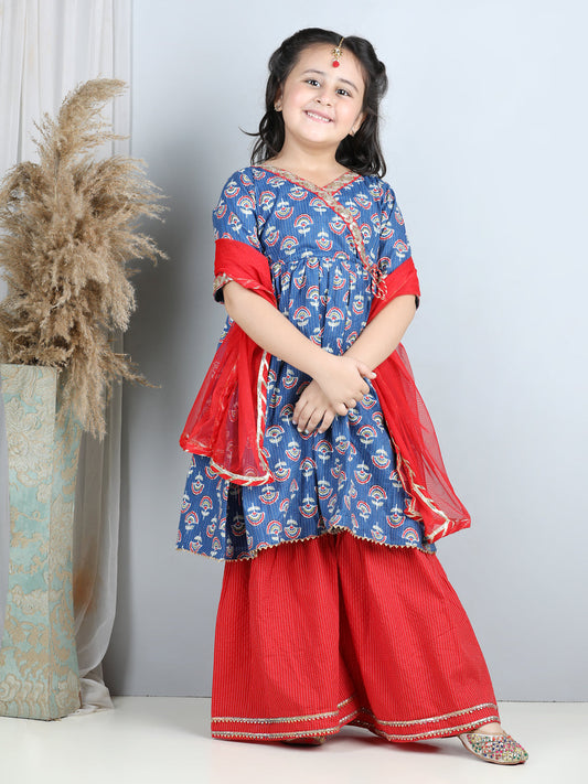 Blue printed kurti with red sharara and dupatta