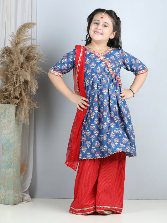 Blue printed kurti with red sharara and dupatta