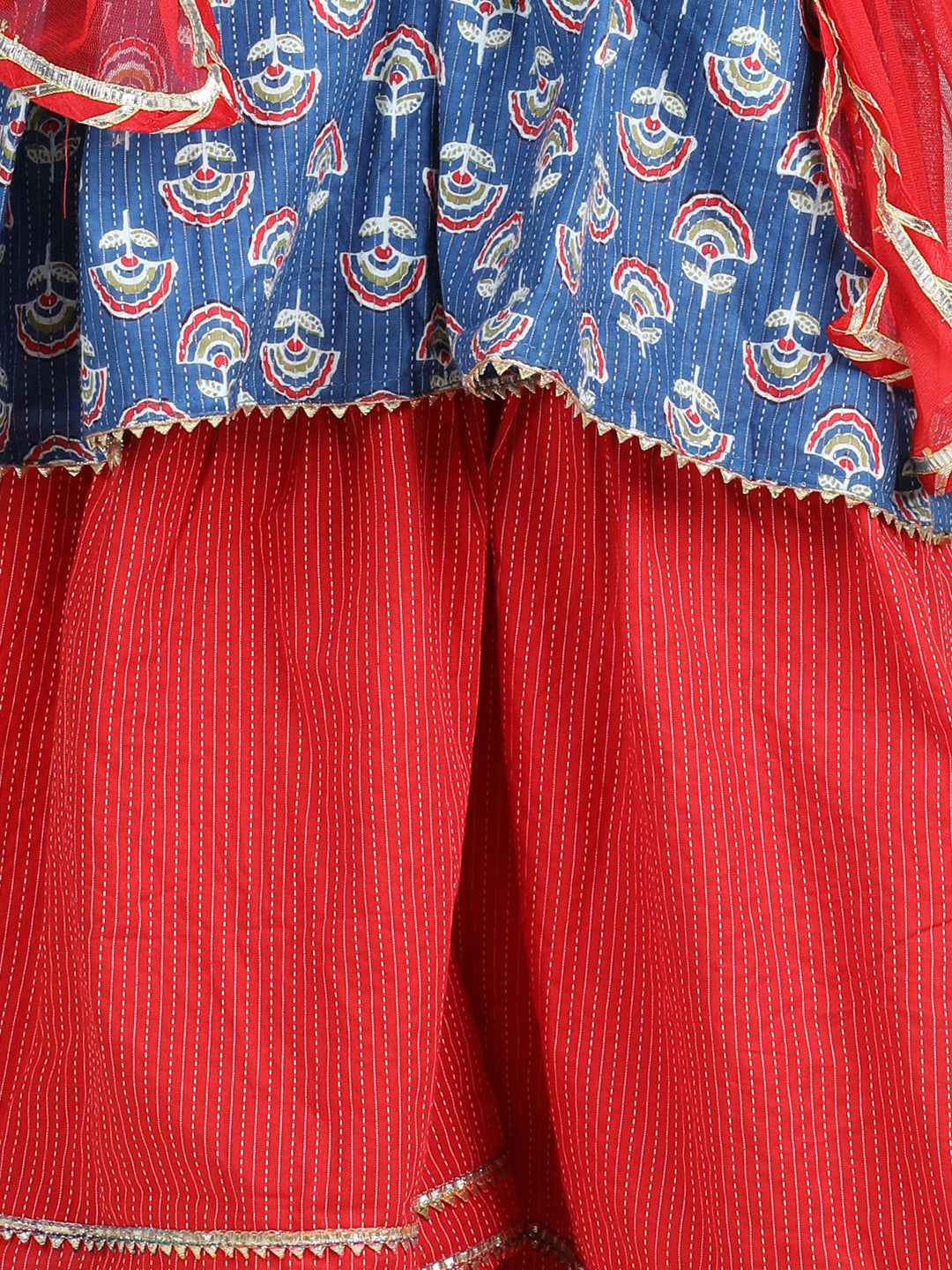 Blue printed kurti with red sharara and dupatta