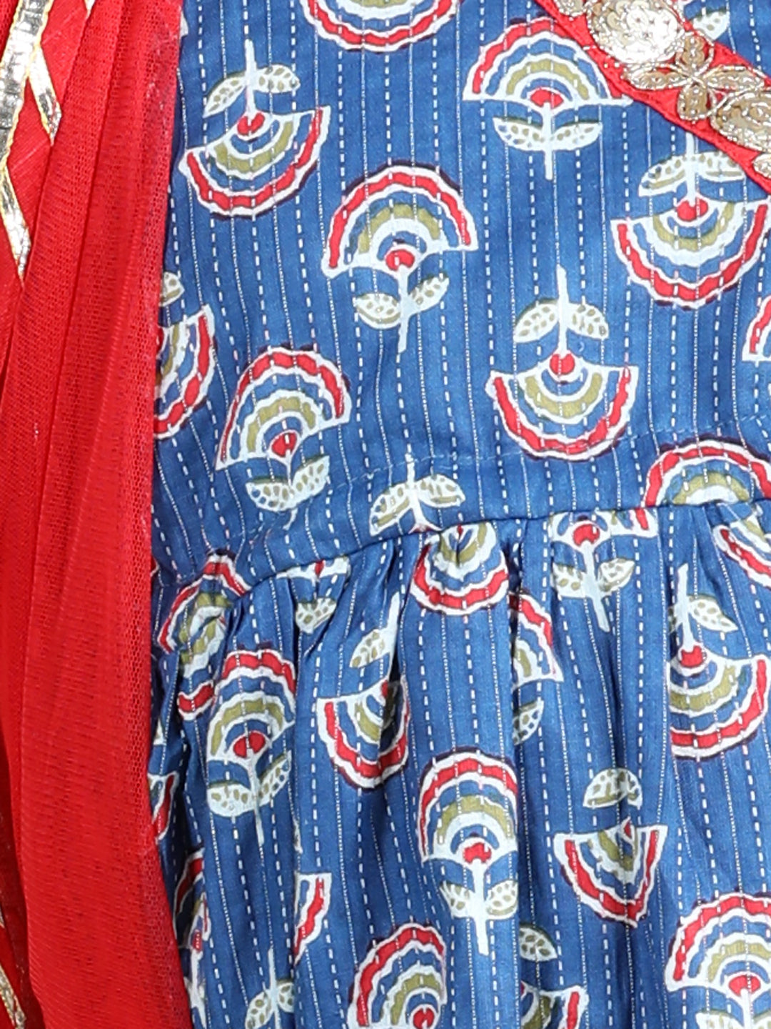 Blue printed kurti with red sharara and dupatta
