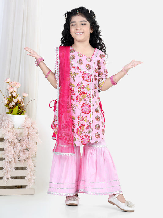 Pink Floral Print Lace Embellished Kurti With Sharara And Dupatta