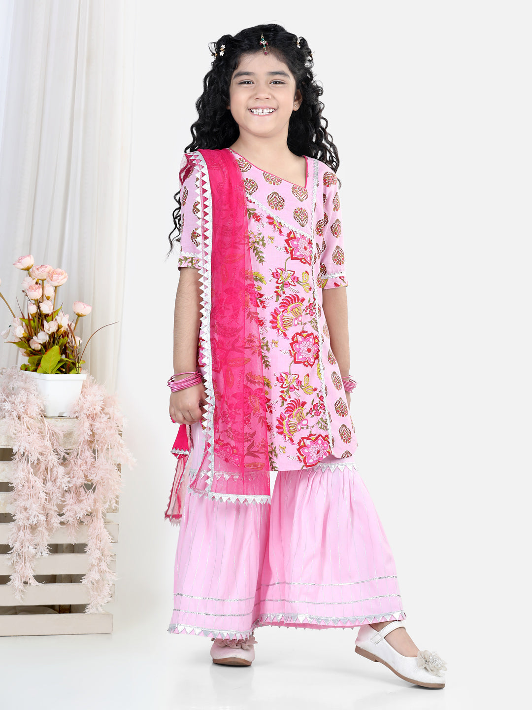 Pink Floral Print Lace Embellished Kurti With Sharara And Dupatta