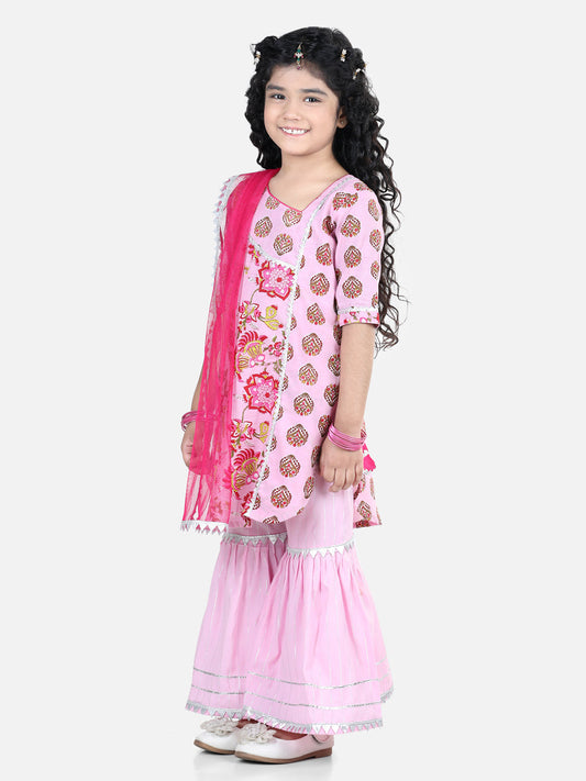 Pink Floral Print Lace Embellished Kurti With Sharara And Dupatta