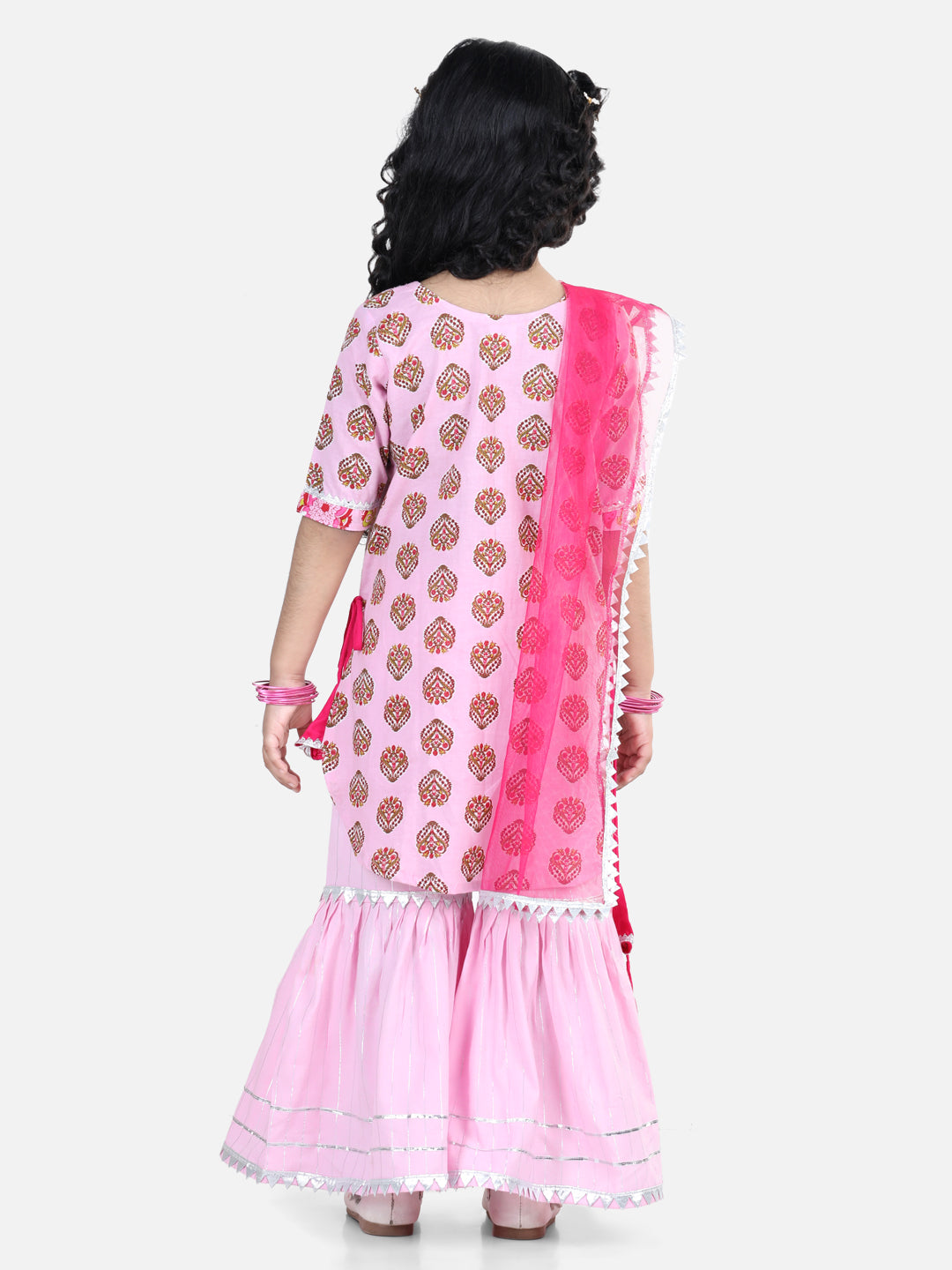 Pink Floral Print Lace Embellished Kurti With Sharara And Dupatta