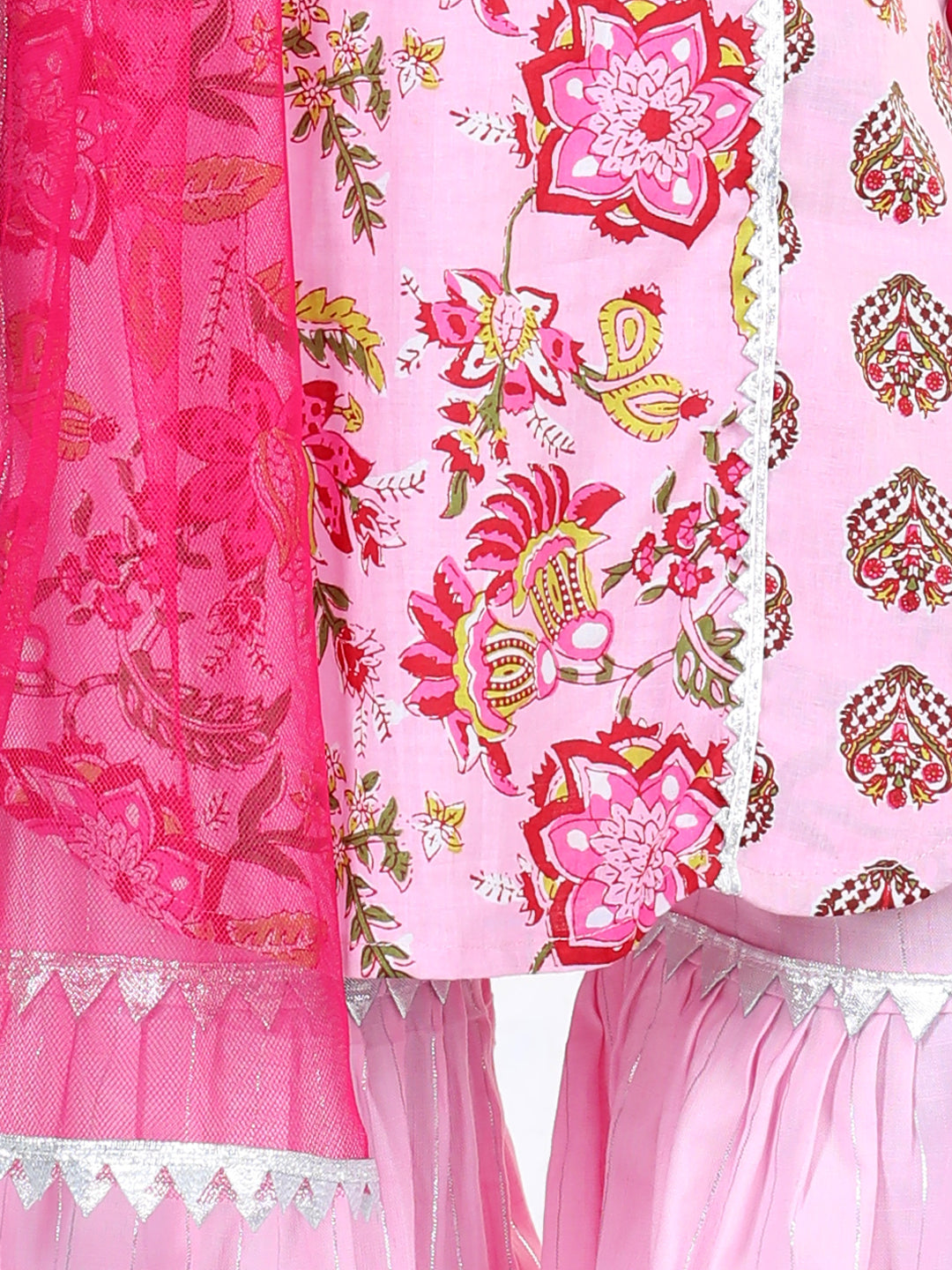 Pink Floral Print Lace Embellished Kurti With Sharara And Dupatta
