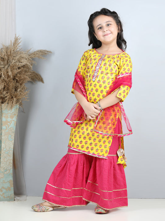 Yellow Printed kurti with Pink sharara with dupatta