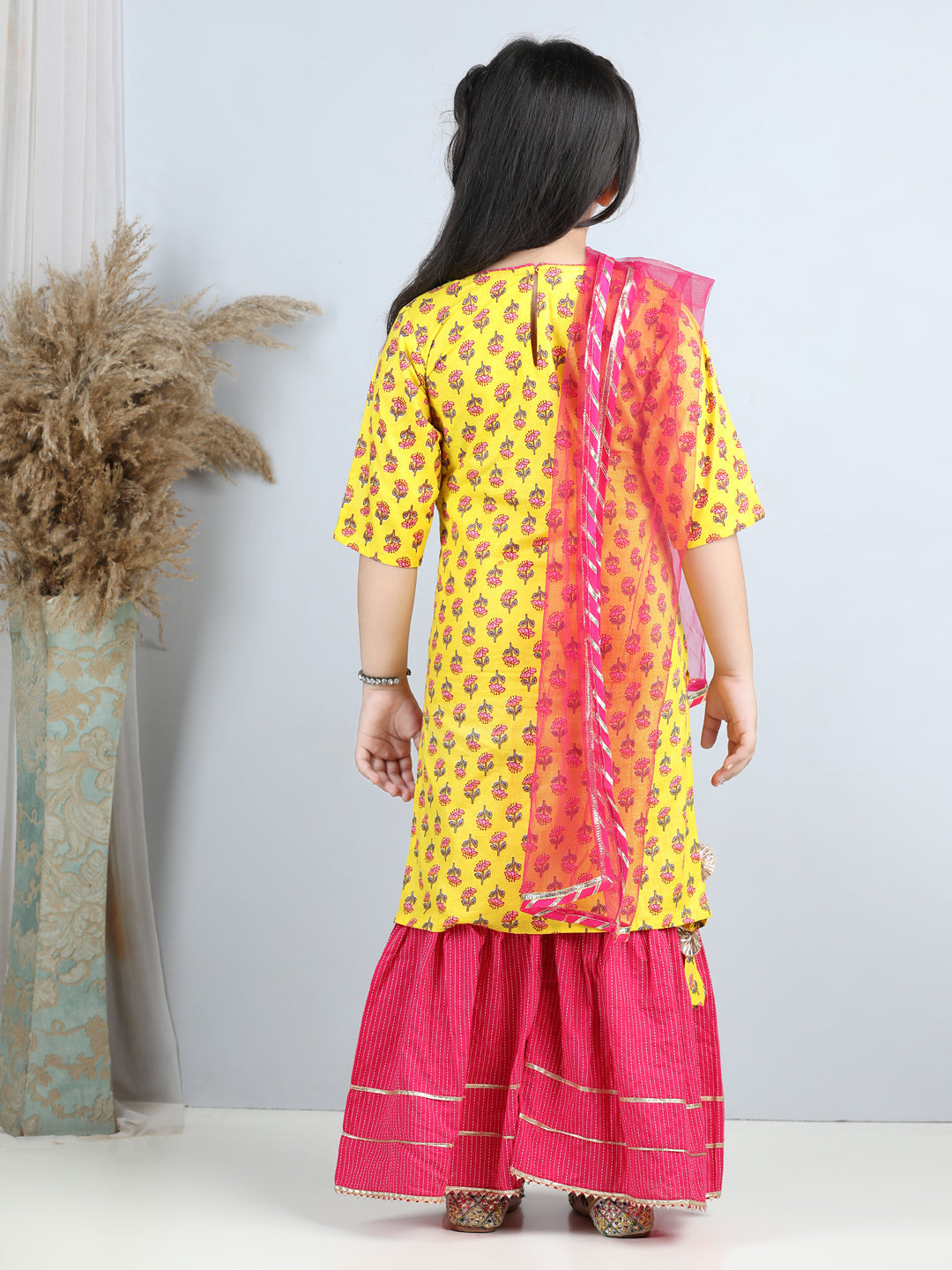 Yellow Printed kurti with Pink sharara with dupatta