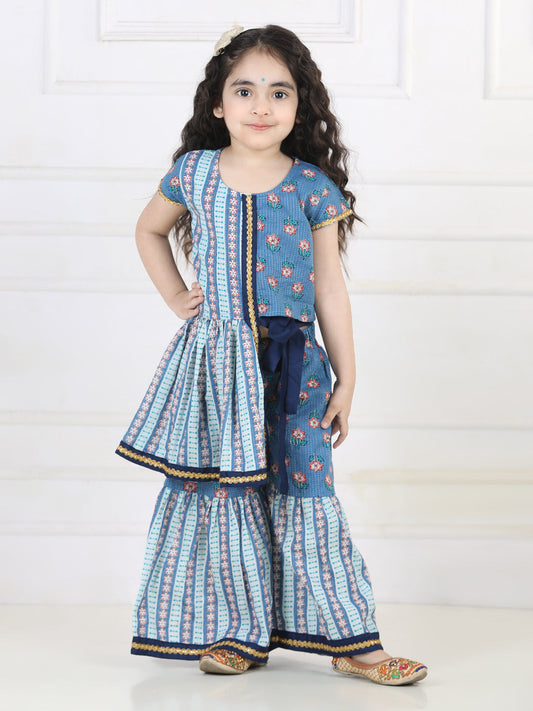 Blue Floral Printed & Striped Kurta and Sharara