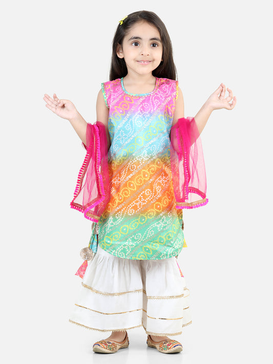 Bandhej Designed Colour Gradient Kurta With Gota Lace Embellished Sharara & Dupatta