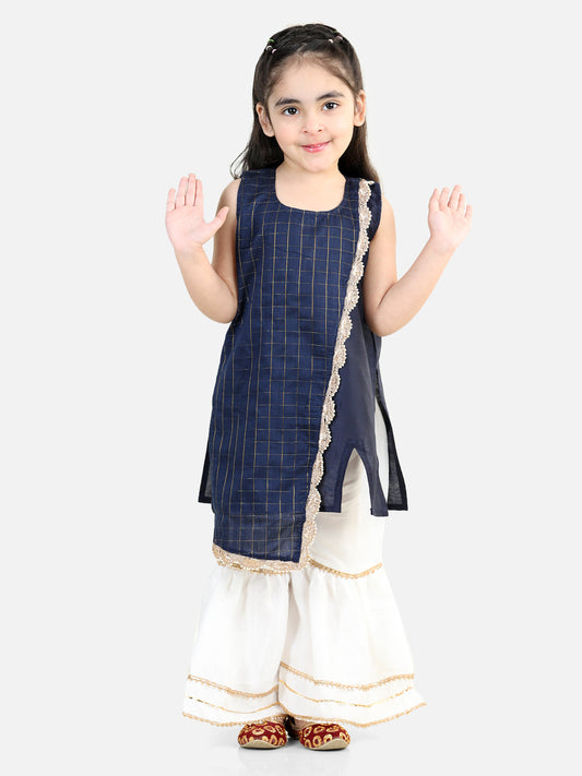 Blue Checks Kurta With Lace Detailed Sharara and Dupatta