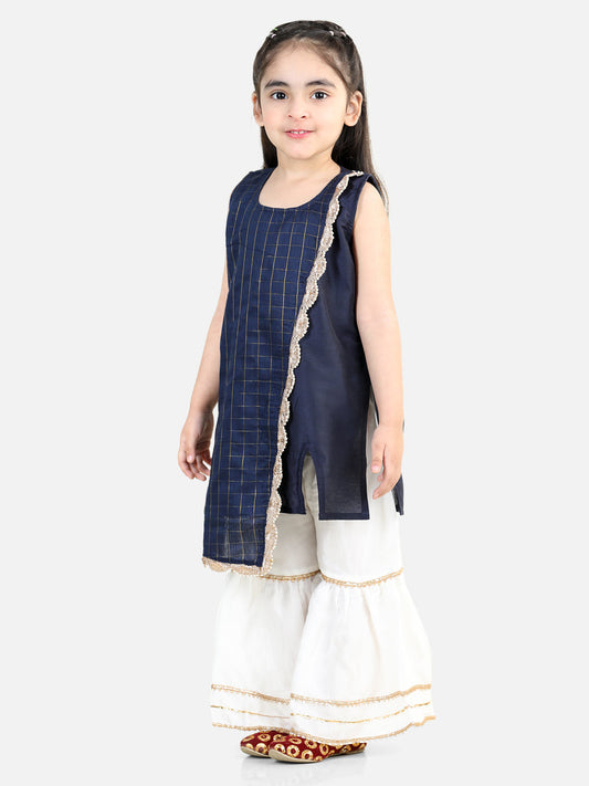 Blue Checks Kurta With Lace Detailed Sharara and Dupatta