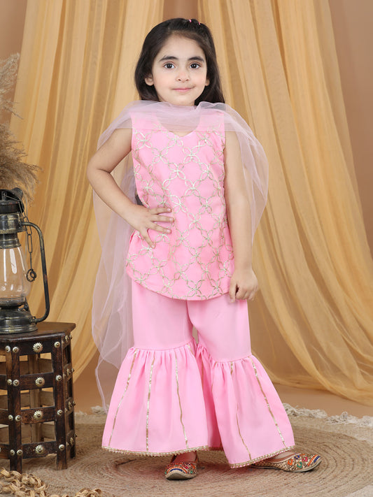 Pink Net Gota Patti Detailed Kurta Sharara With Dupatta