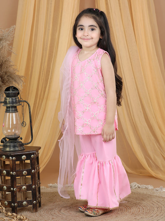 Pink Net Gota Patti Detailed Kurta Sharara With Dupatta