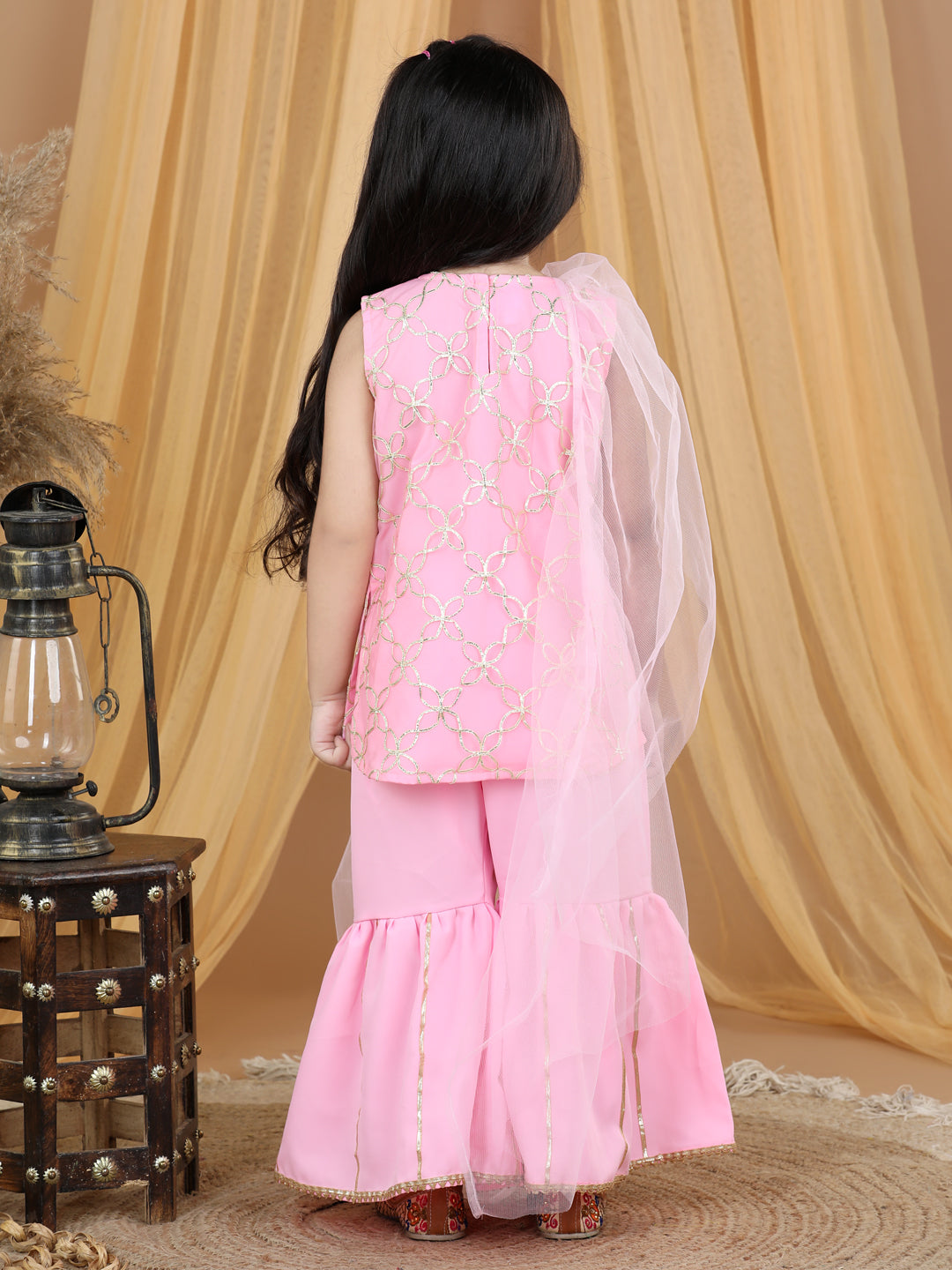 Pink Net Gota Patti Detailed Kurta Sharara With Dupatta