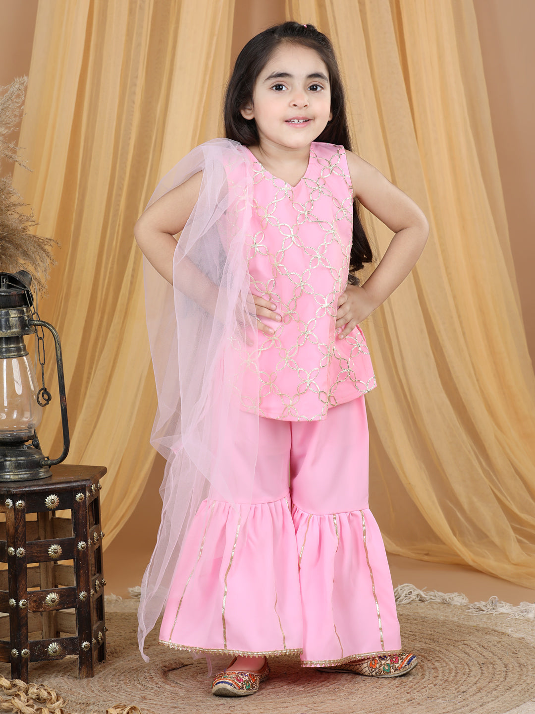 Pink Net Gota Patti Detailed Kurta Sharara With Dupatta