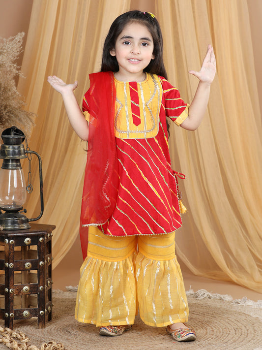 Red Leheriya Printed Lace Detailed Kurta with Sharara and dupatta