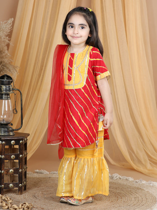 Red Leheriya Printed Lace Detailed Kurta with Sharara and dupatta