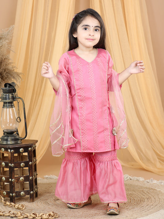 Pink Embellished Embroidered Side Tie Up Kurta With Sharara & Dupatta