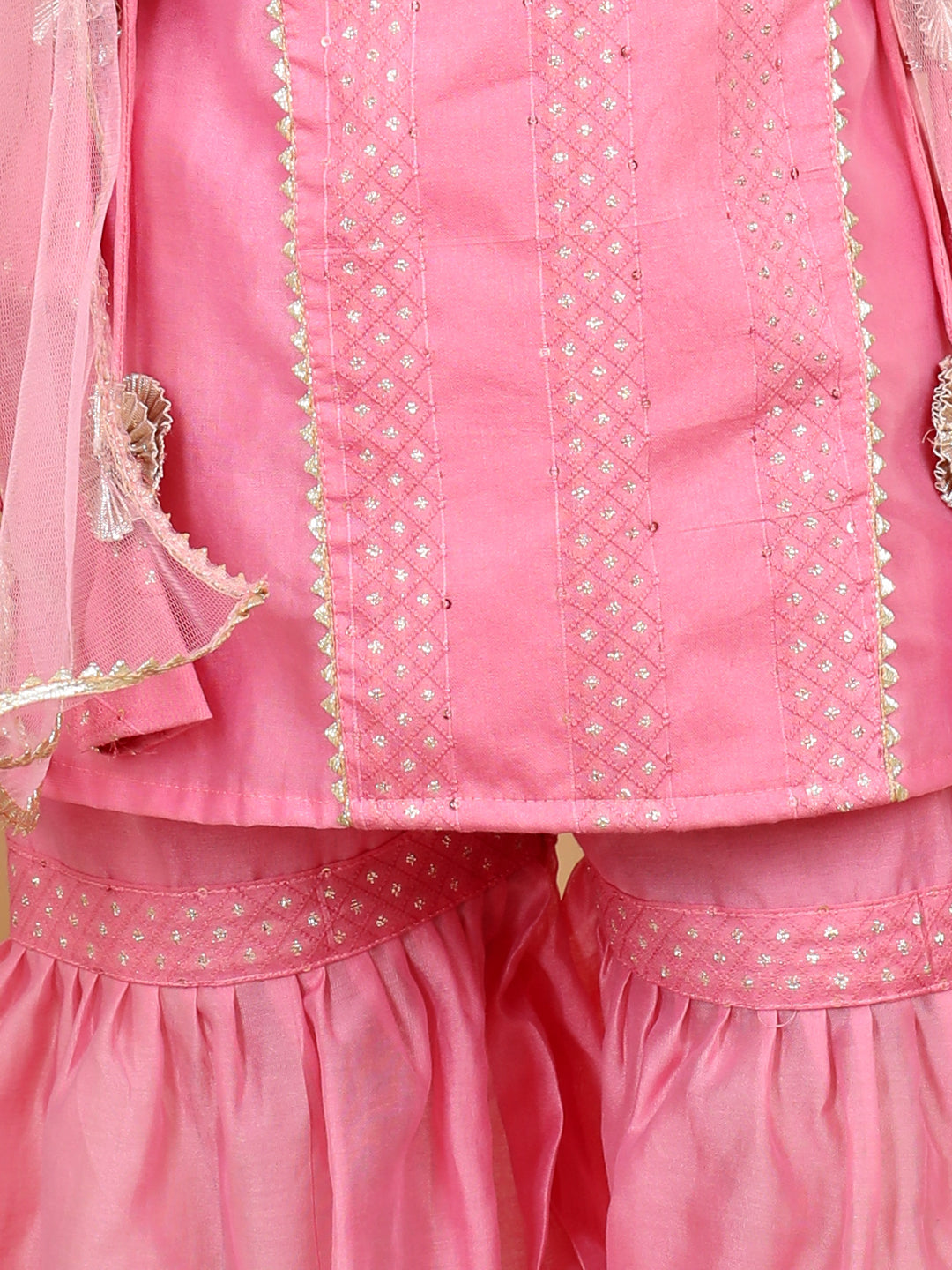Pink Embellished Embroidered Side Tie Up Kurta With Sharara & Dupatta