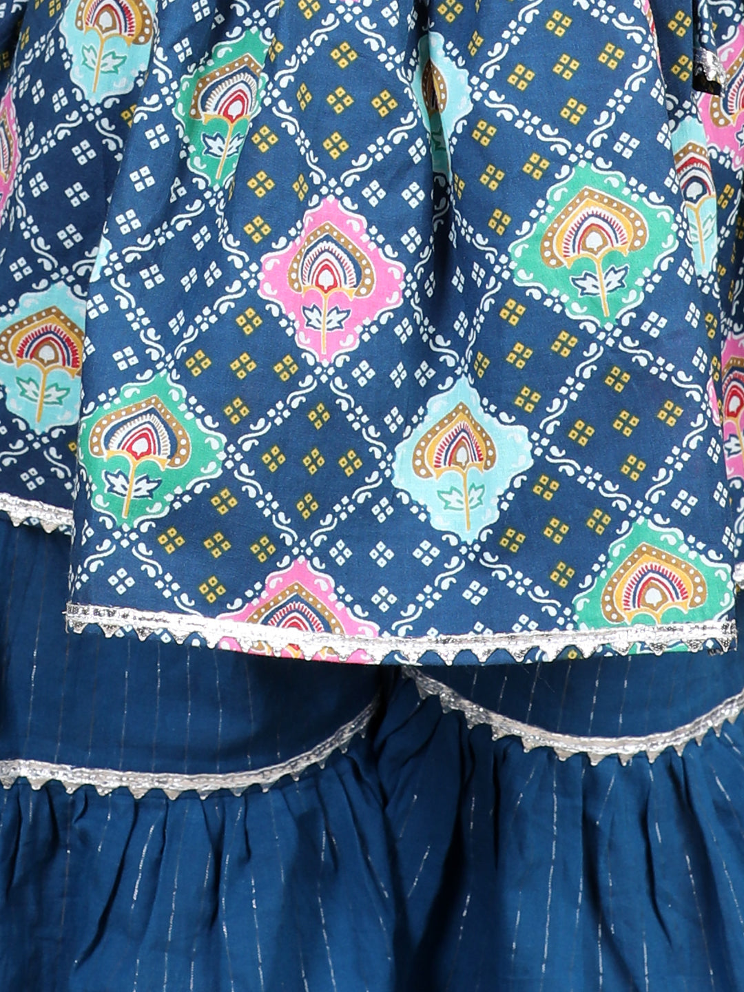 Bandhej Printed Angrakha Style Kurta With Lurex Striped Gota Lace Embellished Sharara