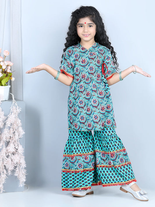 Floral Printed Kurti With Layered Floral Motif Printed Sharara