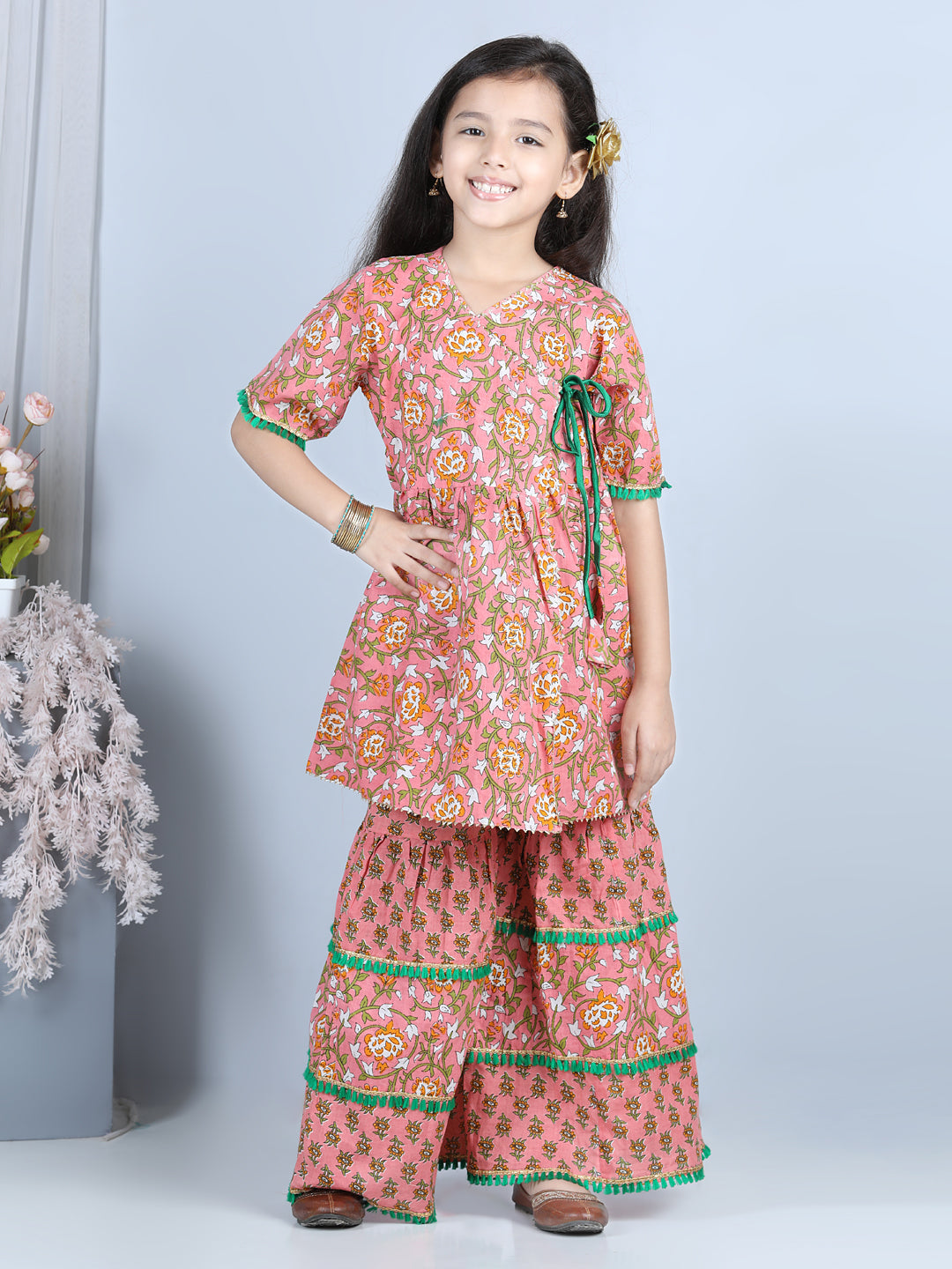 Peach Floral Printed Kurti With Layered Floral Motif Printed Sharara