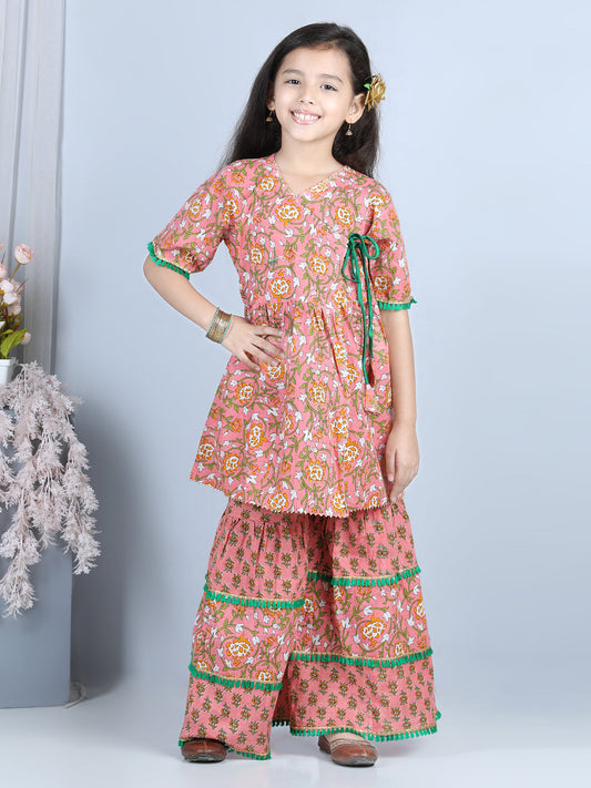 Peach Floral Printed Kurti With Layered Floral Motif Printed Sharara