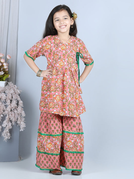 Peach Floral Printed Kurti With Layered Floral Motif Printed Sharara