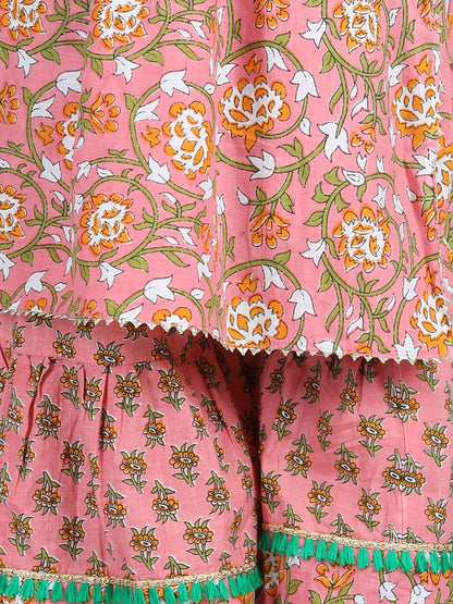 Peach Floral Printed Kurti With Layered Floral Motif Printed Sharara
