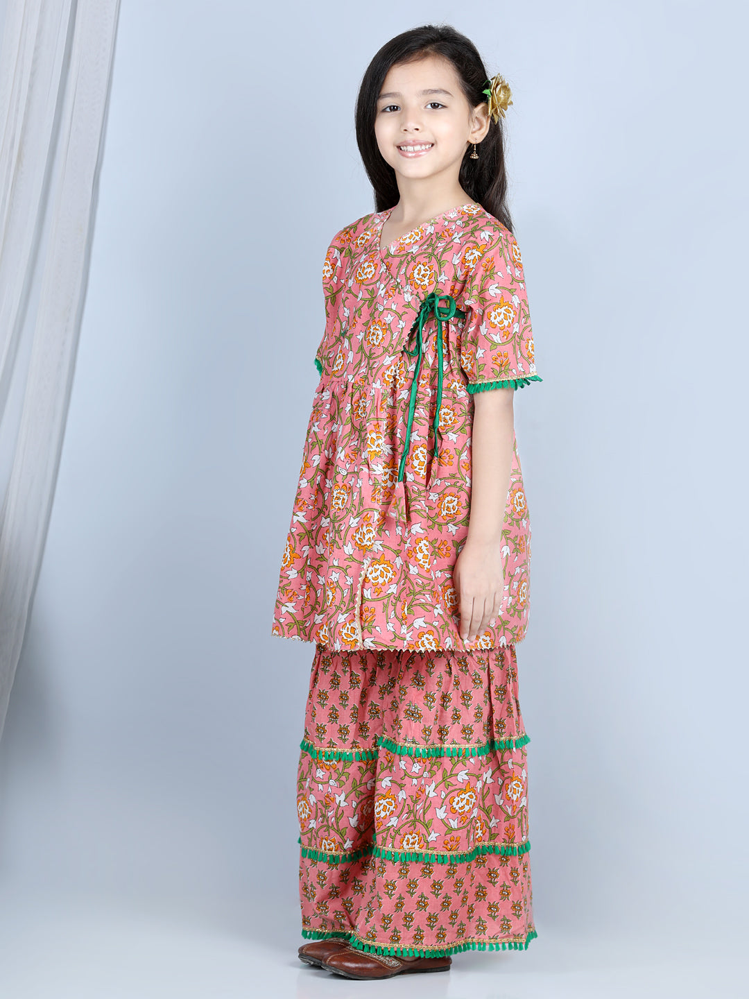 Peach Floral Printed Kurti With Layered Floral Motif Printed Sharara