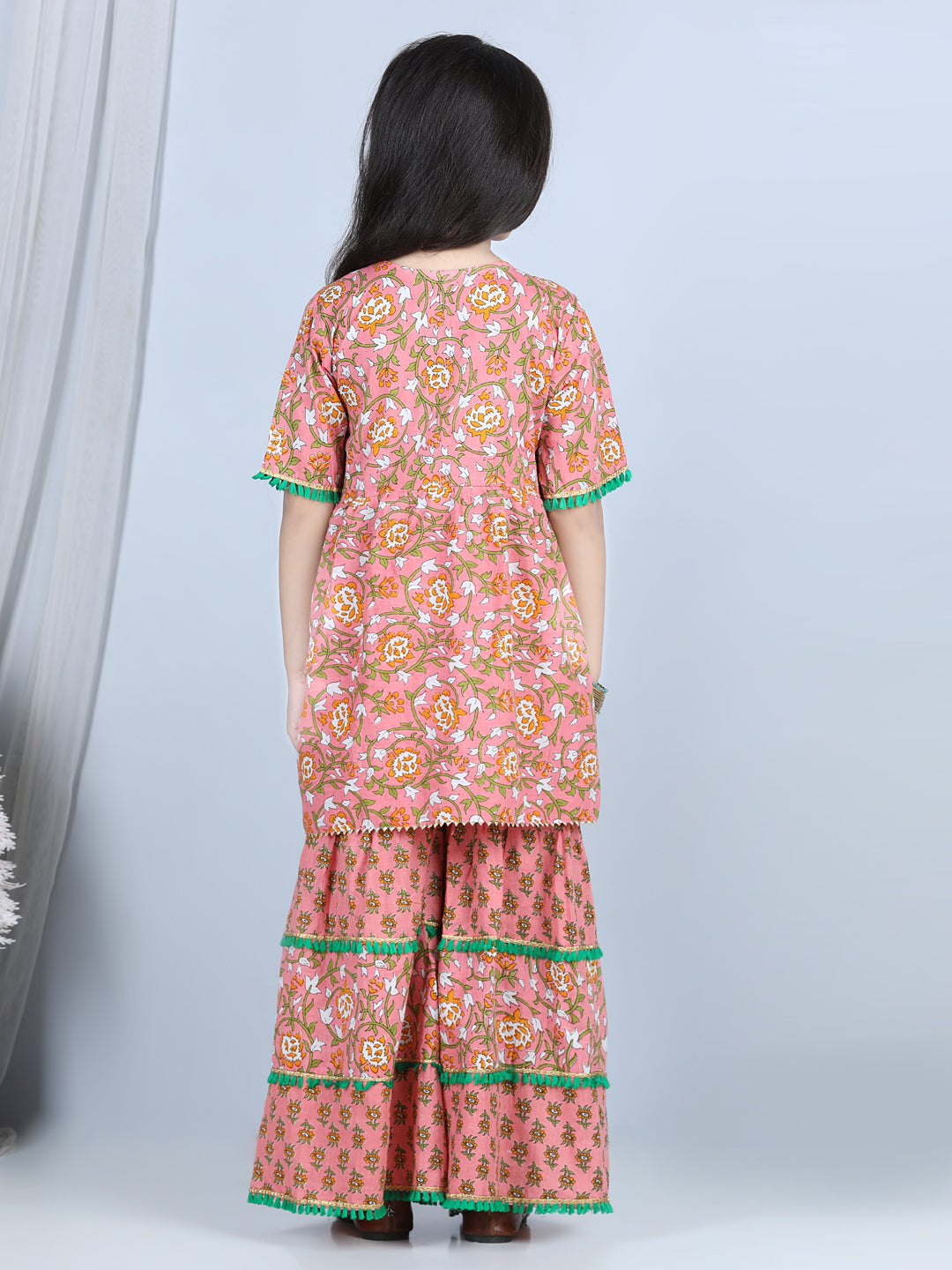 Peach Floral Printed Kurti With Layered Floral Motif Printed Sharara