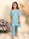 Blue silver foil printed floral printed kurti Wih stripped pant