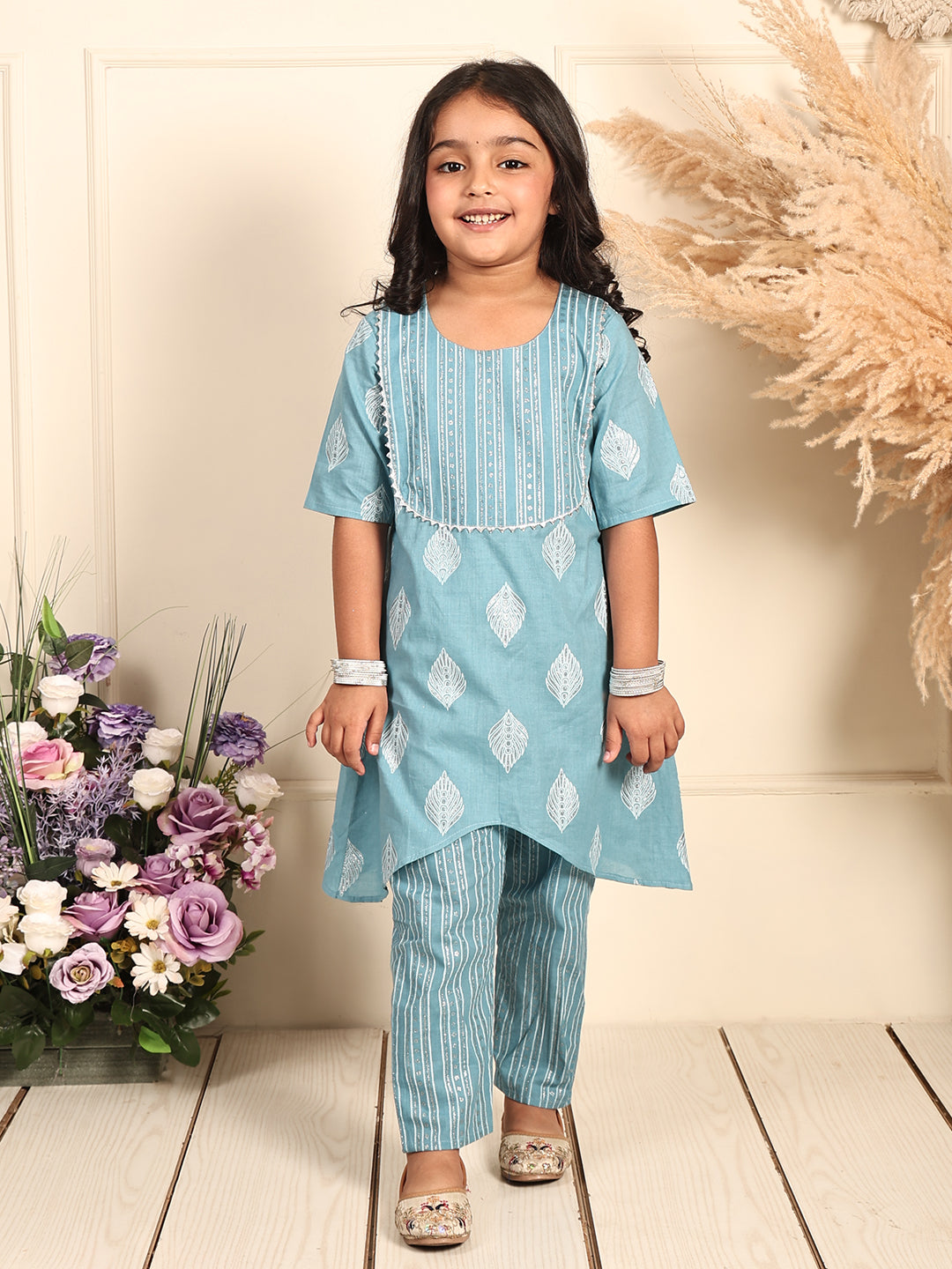 Blue silver foil printed floral printed kurti Wih stripped pant