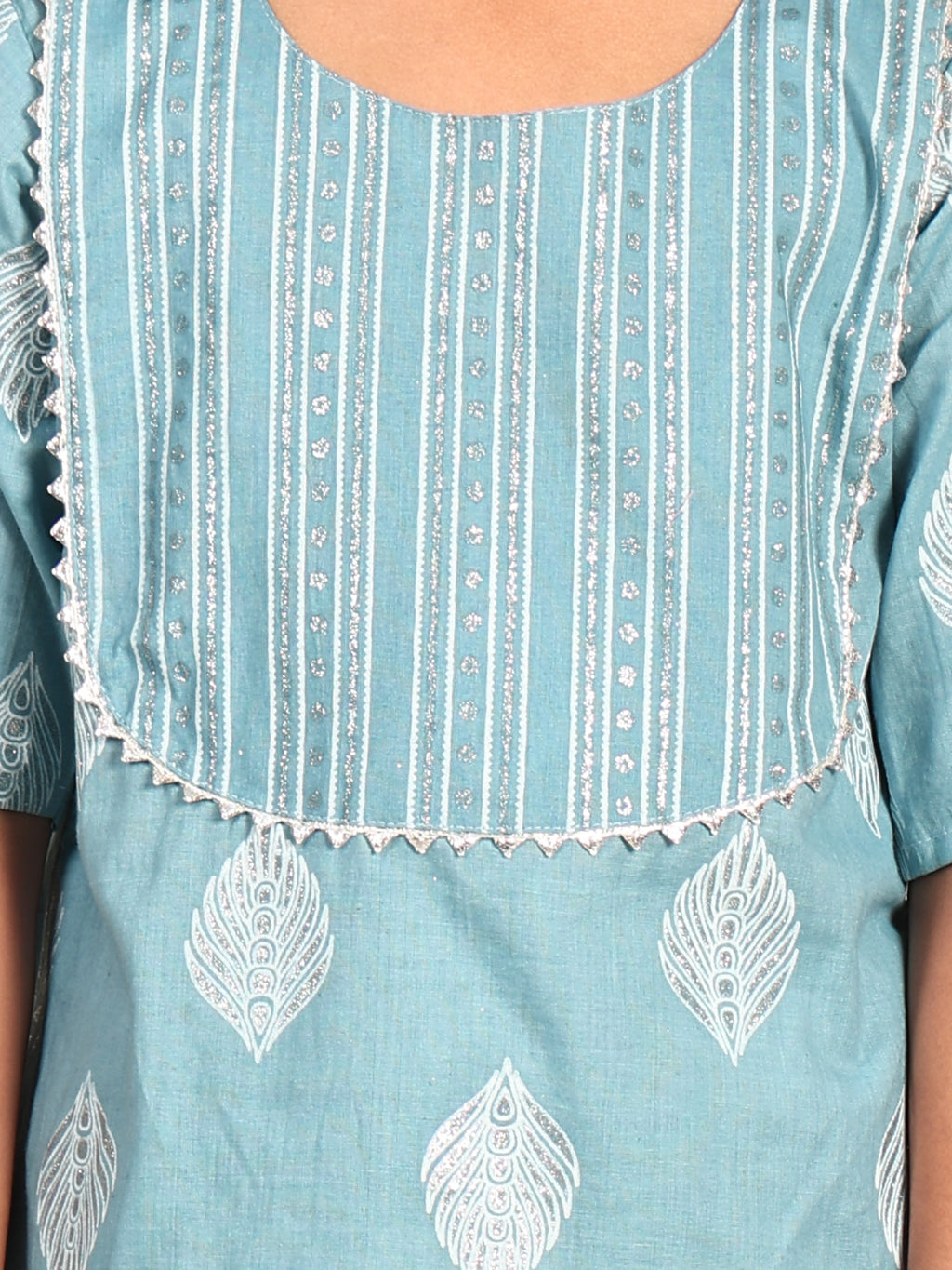 Blue silver foil printed floral printed kurti Wih stripped pant