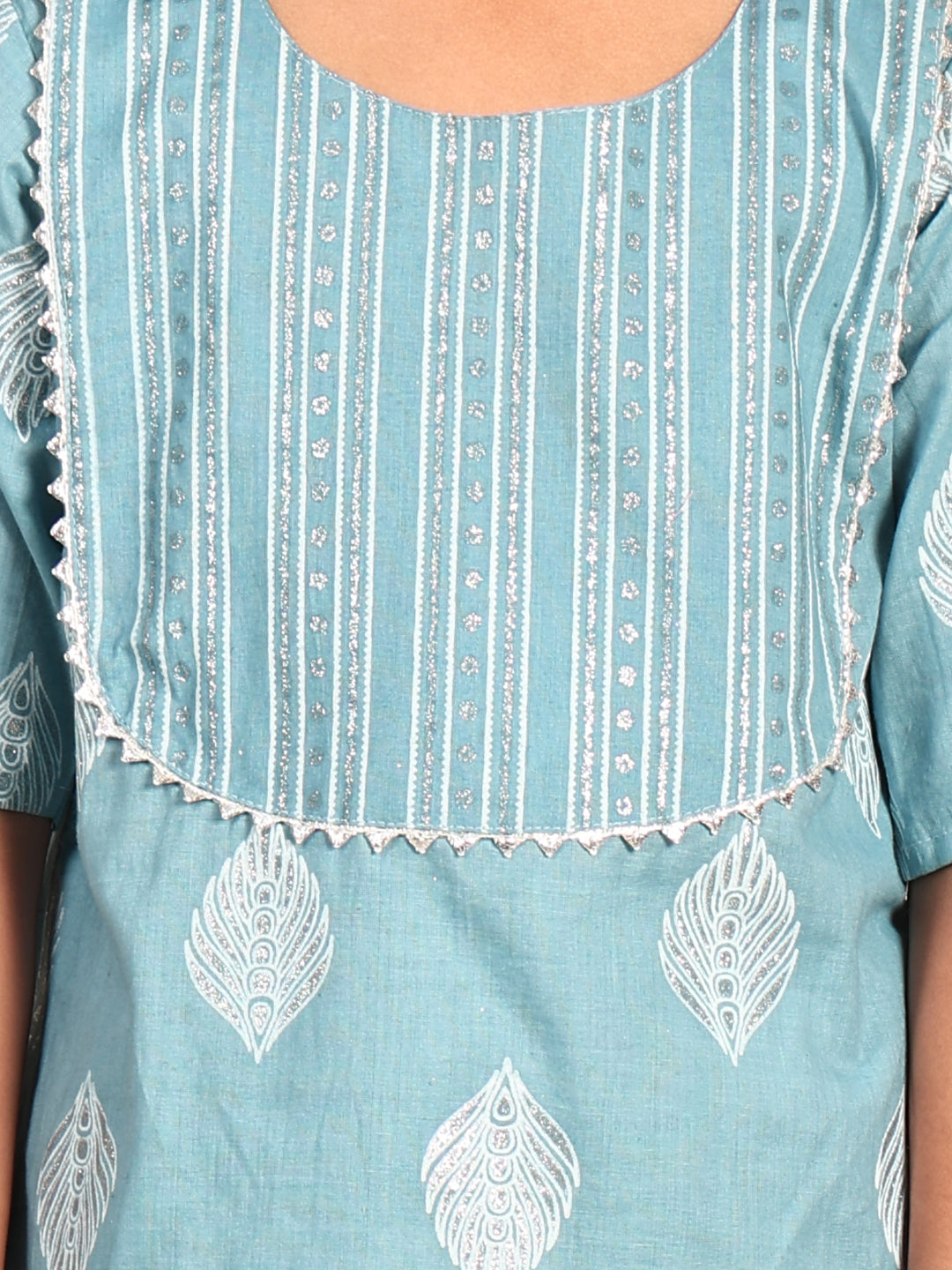 Blue silver foil printed floral printed kurti Wih stripped pant