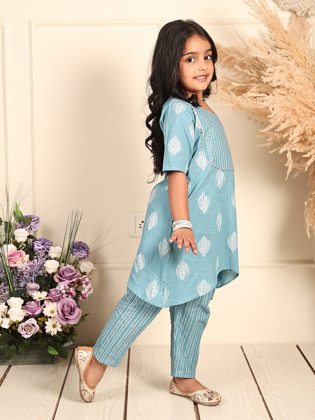 Blue silver foil printed floral printed kurti Wih stripped pant