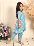 Blue silver foil printed floral printed kurti Wih stripped pant