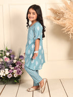 Blue silver foil printed floral printed kurti Wih stripped pant