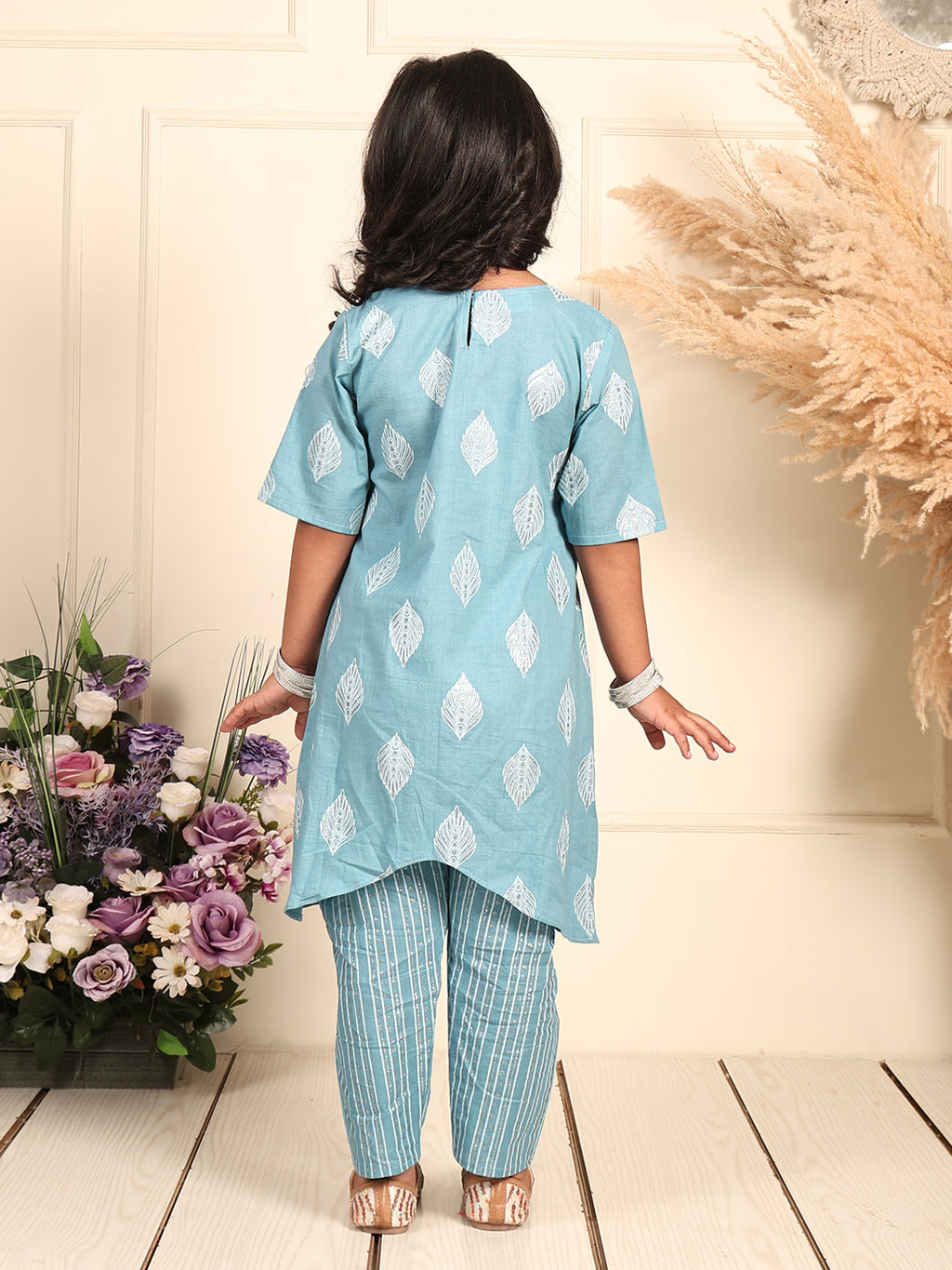 Blue silver foil printed floral printed kurti Wih stripped pant
