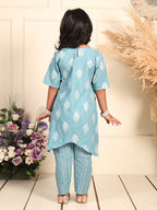 Blue silver foil printed floral printed kurti Wih stripped pant