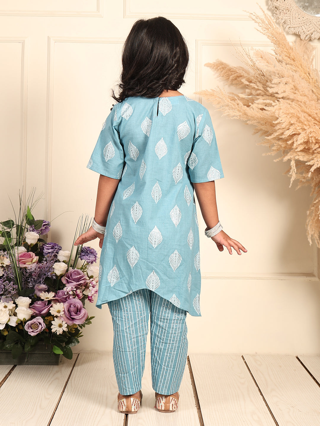 Blue silver foil printed floral printed kurti Wih stripped pant
