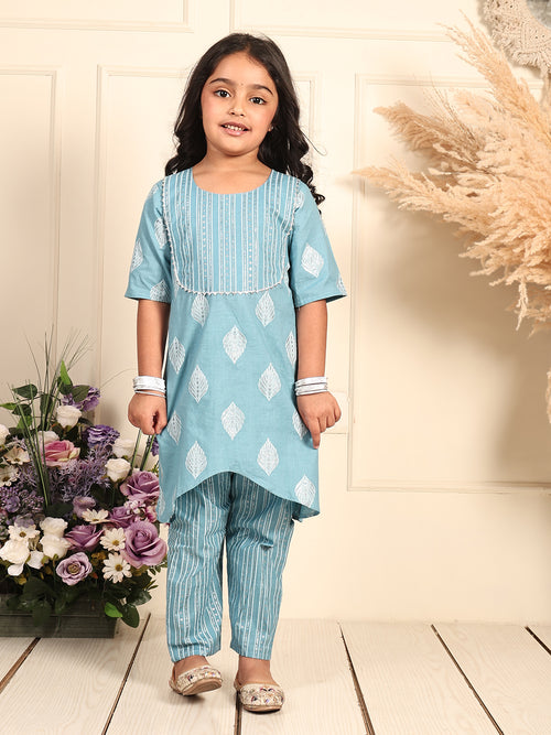 Blue silver foil printed floral printed kurti Wih stripped pant